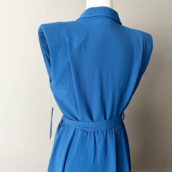 Calvin Klein Blue Button Front Structured Shoulder Tie Waist Dress Size 8 NEW - Picture 6 of 10